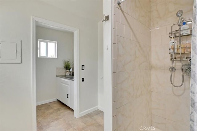 bathroom with electric panel and curtained shower