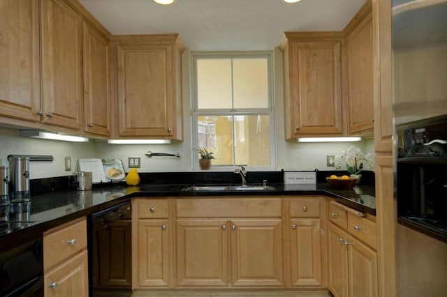 kitchen with sink, wall oven, black dishwasher, and dark stone counters