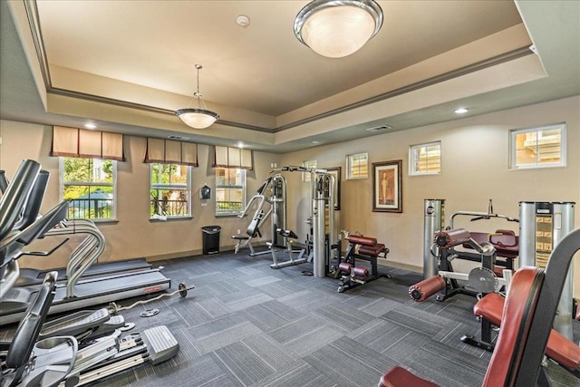 workout area featuring a tray ceiling and dark carpet