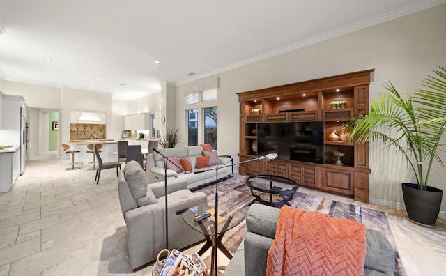 living room with crown molding