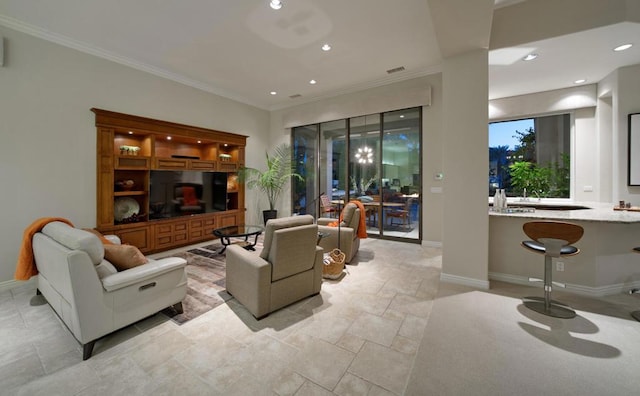 living room featuring ornamental molding