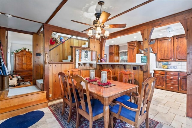 197 Rocky Point Rd, Lake Arrowhead, CA 92352 - dining area with ceiling fan, wooden walls, and stairway