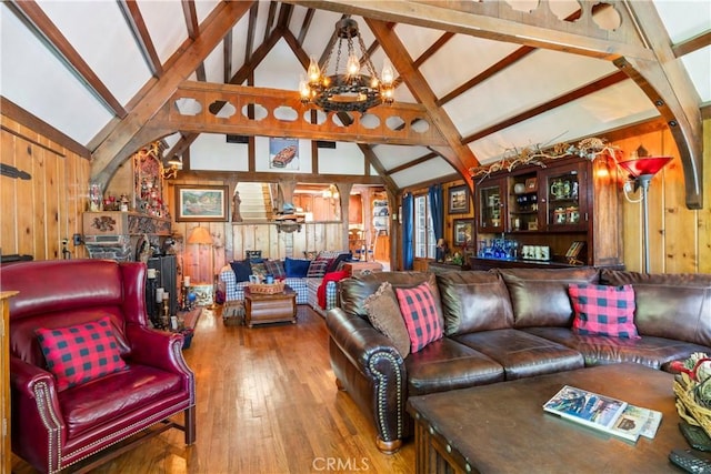 197 Rocky Point Rd, Lake Arrowhead, CA 92352 - living area featuring a chandelier, wood-type flooring, and wooden walls