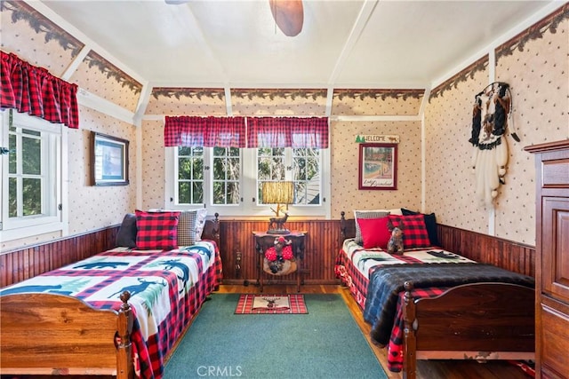 197 Rocky Point Rd, Lake Arrowhead, CA 92352 - bedroom featuring wallpapered walls, wainscoting, wood walls, and wood finished floors