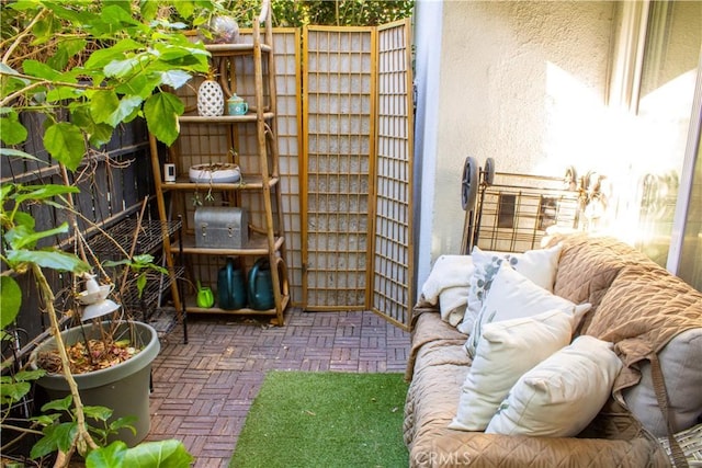 exterior space featuring an outdoor living space and a patio