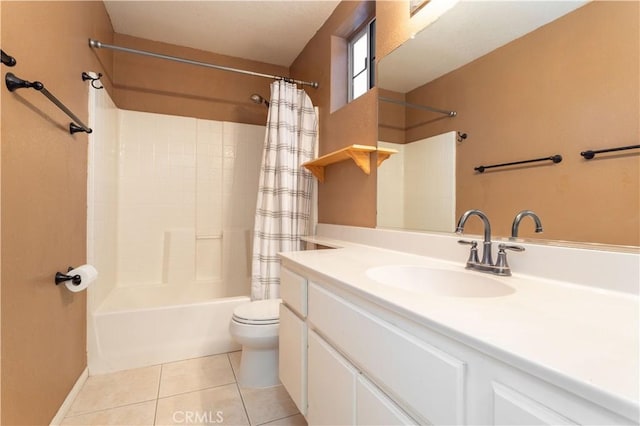 full bathroom featuring toilet, vanity, tile patterned floors, and shower / tub combo with curtain