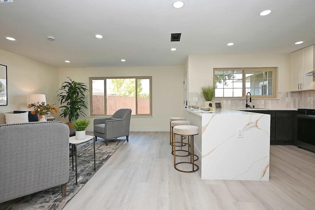 kitchen featuring sink, a wealth of natural light, stove, and light hardwood / wood-style flooring