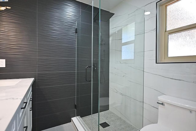 bathroom featuring toilet, an enclosed shower, tile walls, and vanity