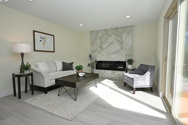 living room with a premium fireplace and light hardwood / wood-style floors