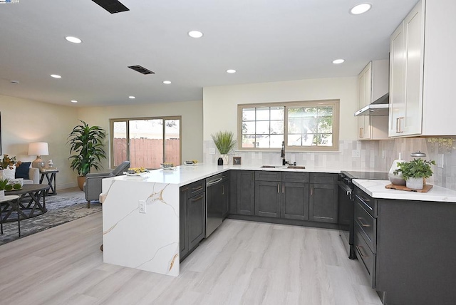 kitchen featuring sink, stainless steel appliances, light hardwood / wood-style flooring, kitchen peninsula, and backsplash