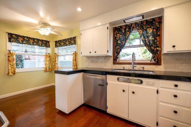 kitchen featuring white cabinetry, stainless steel dishwasher, sink, and decorative backsplash