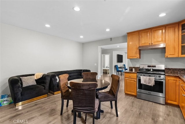 kitchen featuring stainless steel range, light wood-type flooring, and dark stone countertops