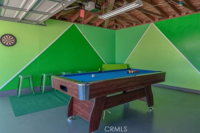 rec room featuring pool table and concrete floors