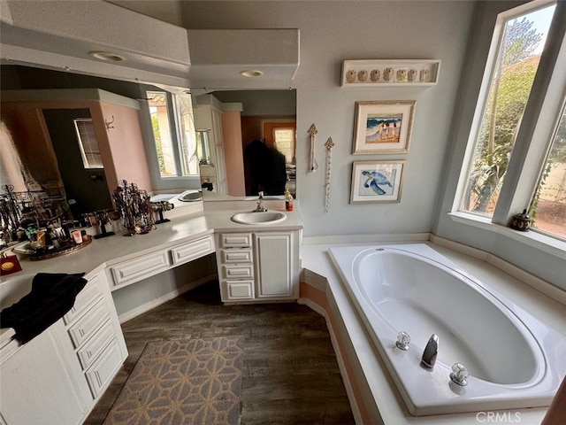 bathroom featuring a bathing tub, vanity, and wood-type flooring