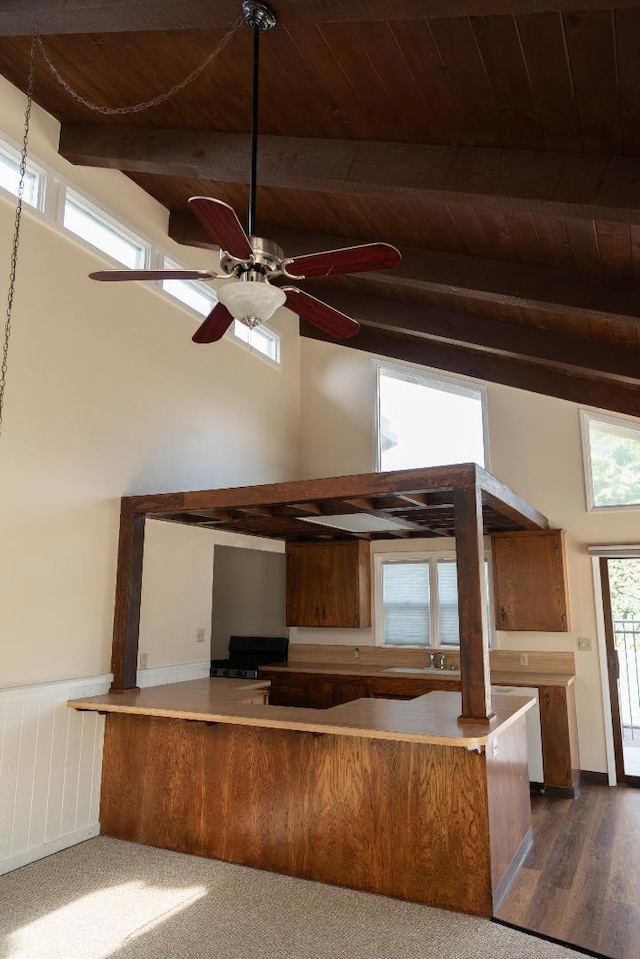 kitchen featuring beamed ceiling, dark hardwood / wood-style floors, wood ceiling, and kitchen peninsula