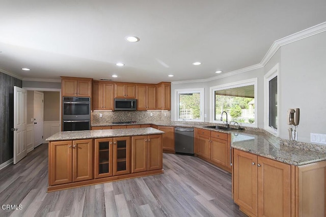 kitchen featuring light stone countertops, appliances with stainless steel finishes, light wood-type flooring, and sink