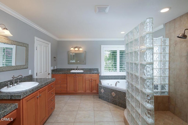 bathroom featuring tile patterned flooring, vanity, shower with separate bathtub, and ornamental molding