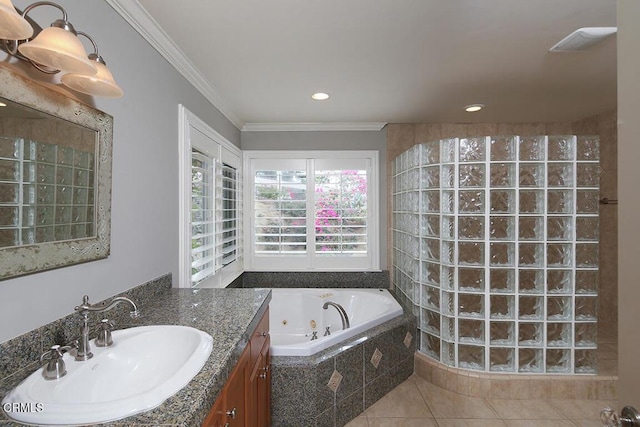 bathroom featuring tile patterned floors, a relaxing tiled tub, ornamental molding, and vanity