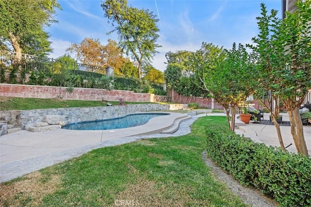 exterior space with a fenced in pool, a patio area, a fenced backyard, and a yard