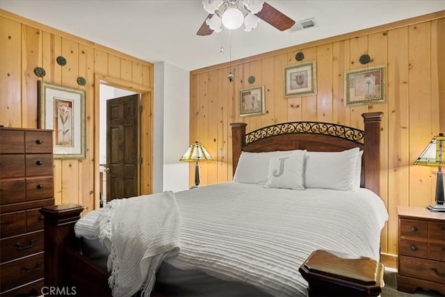 bedroom featuring ceiling fan and wooden walls