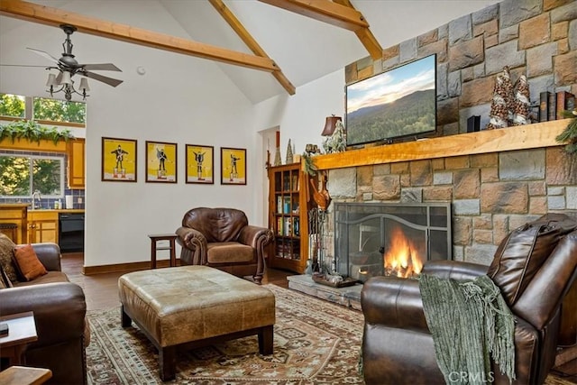 living room featuring high vaulted ceiling, a stone fireplace, sink, hardwood / wood-style flooring, and beamed ceiling