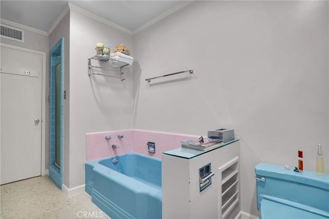 bathroom with a tub to relax in and ornamental molding