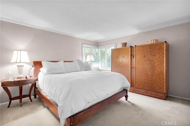 bedroom featuring crown molding and light carpet