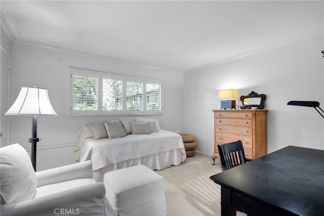 carpeted bedroom with crown molding