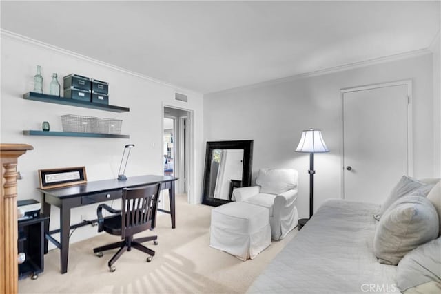 carpeted bedroom featuring ornamental molding