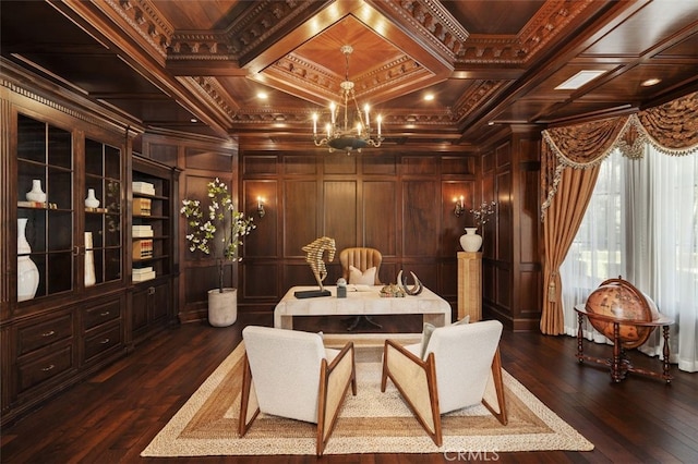 dining space featuring dark hardwood / wood-style flooring, coffered ceiling, and wood walls