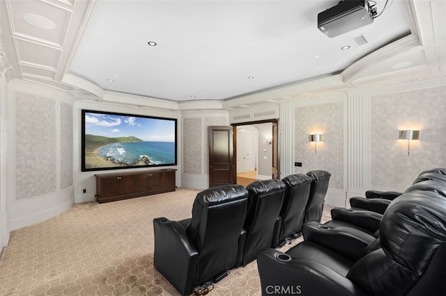 carpeted home theater room with crown molding