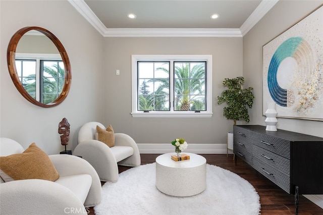 sitting room featuring dark hardwood / wood-style flooring and crown molding