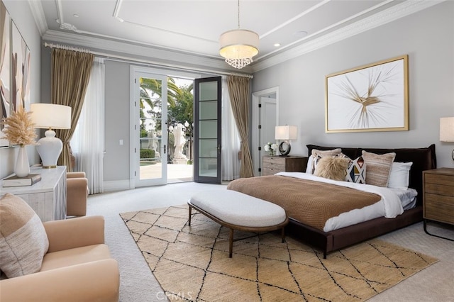 bedroom featuring access to exterior, crown molding, and light colored carpet