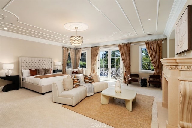 carpeted bedroom featuring access to exterior, crown molding, and french doors