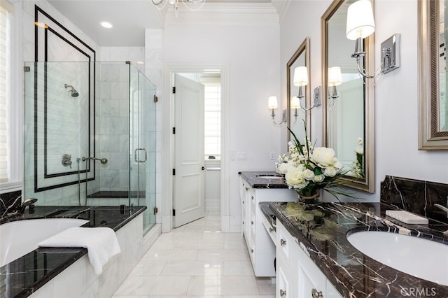 bathroom featuring vanity, separate shower and tub, and crown molding