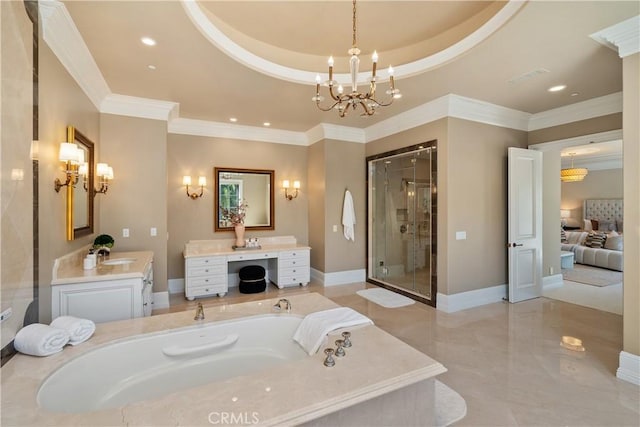 bathroom featuring separate shower and tub, crown molding, a chandelier, a tray ceiling, and vanity