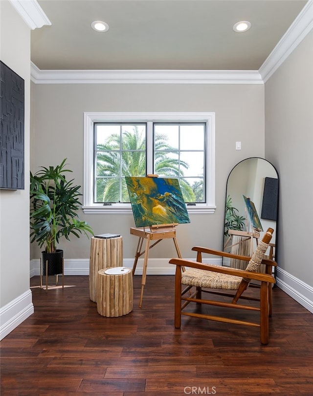 living area with ornamental molding and dark wood-type flooring