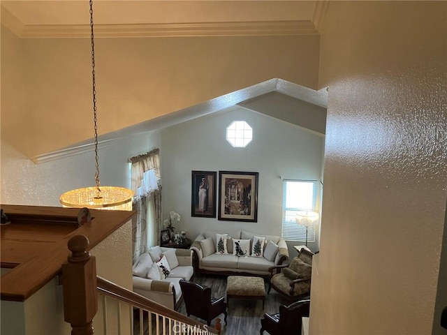 living room with crown molding and lofted ceiling