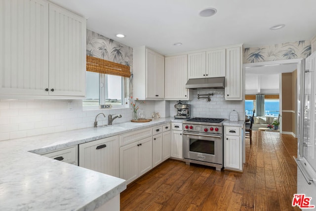 kitchen with white cabinets, luxury stove, dark hardwood / wood-style floors, and a healthy amount of sunlight