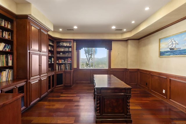 home office featuring dark hardwood / wood-style floors