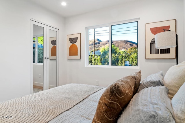 bedroom featuring a mountain view and multiple windows