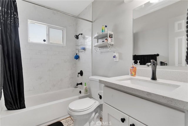 full bathroom featuring shower / tub combo, vanity, and toilet