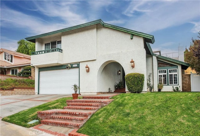 view of front of home with a front yard, a balcony, and a garage