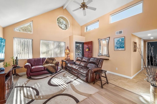 living room featuring beamed ceiling, ceiling fan, high vaulted ceiling, and light hardwood / wood-style flooring