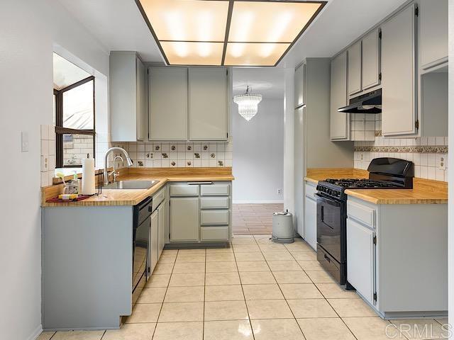 kitchen featuring gray cabinetry, sink, tasteful backsplash, butcher block countertops, and black appliances