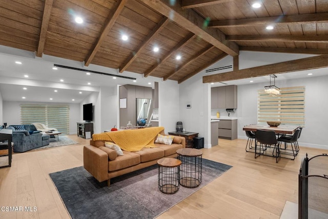 living room with lofted ceiling with beams, wooden ceiling, and light hardwood / wood-style floors