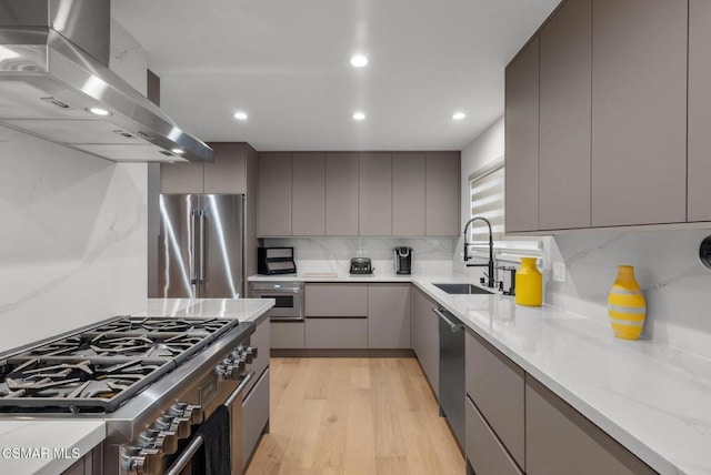 kitchen with gray cabinets, island exhaust hood, sink, and premium appliances