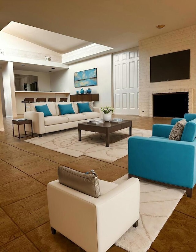 interior space with a brick fireplace and tile patterned floors