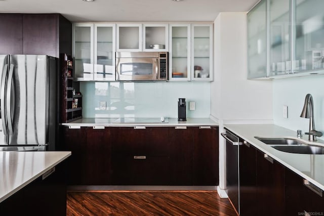 kitchen with dark hardwood / wood-style flooring, dark brown cabinetry, sink, and appliances with stainless steel finishes