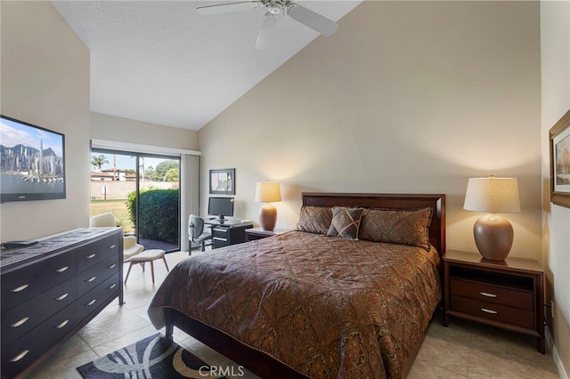 tiled bedroom featuring ceiling fan, access to exterior, and high vaulted ceiling